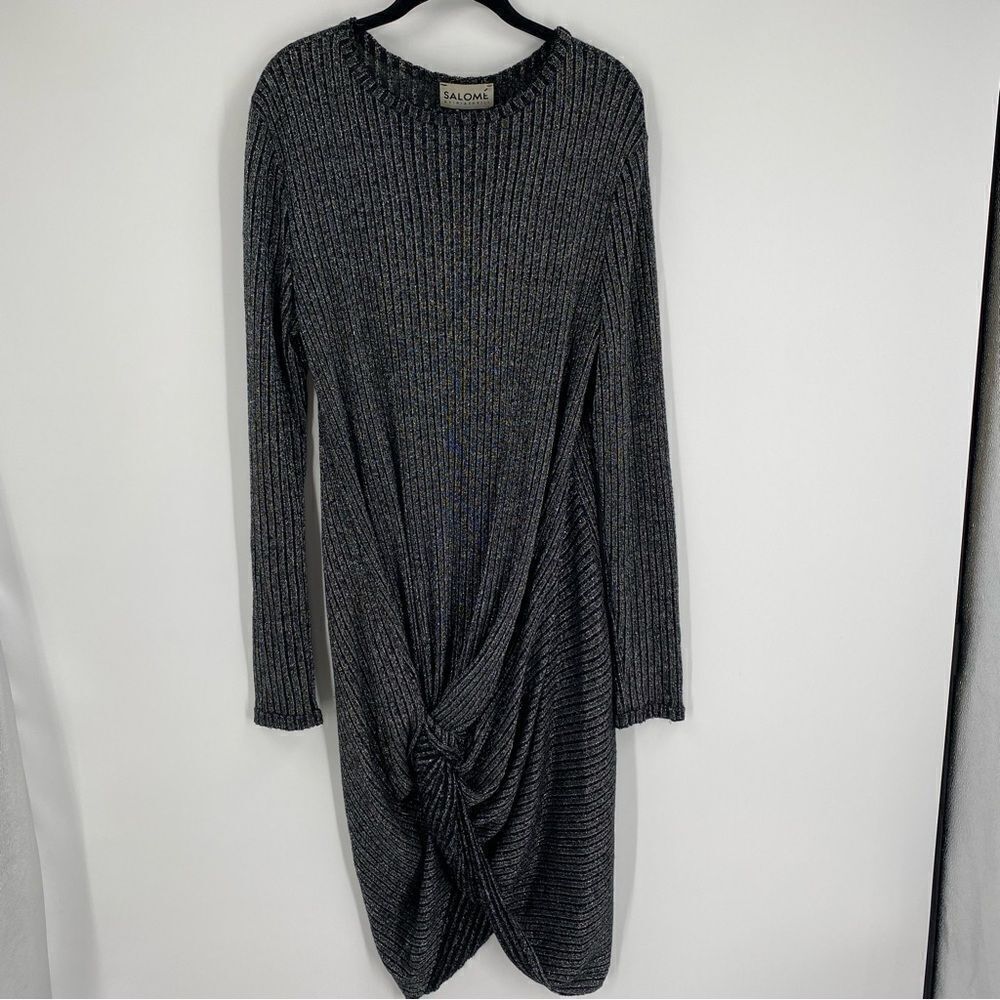 Salome Women’s Long Sleeve Ribbed Knit Tie Knot Midi Silver and Black Dress L